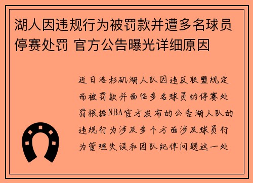 湖人因违规行为被罚款并遭多名球员停赛处罚 官方公告曝光详细原因