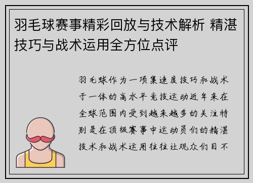 羽毛球赛事精彩回放与技术解析 精湛技巧与战术运用全方位点评