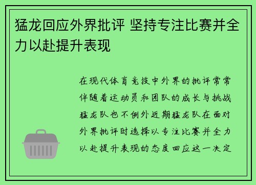 猛龙回应外界批评 坚持专注比赛并全力以赴提升表现