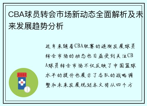 CBA球员转会市场新动态全面解析及未来发展趋势分析