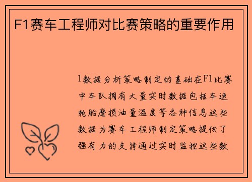 F1赛车工程师对比赛策略的重要作用