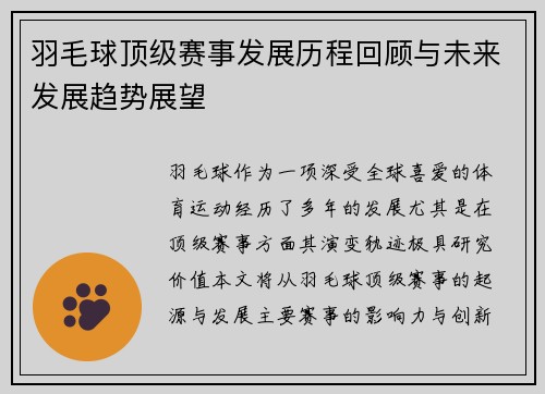 羽毛球顶级赛事发展历程回顾与未来发展趋势展望